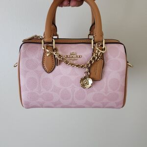 Coach Powder  Pink Signature Mini Satchel with Tan Handles & Gold Hardware Cek79